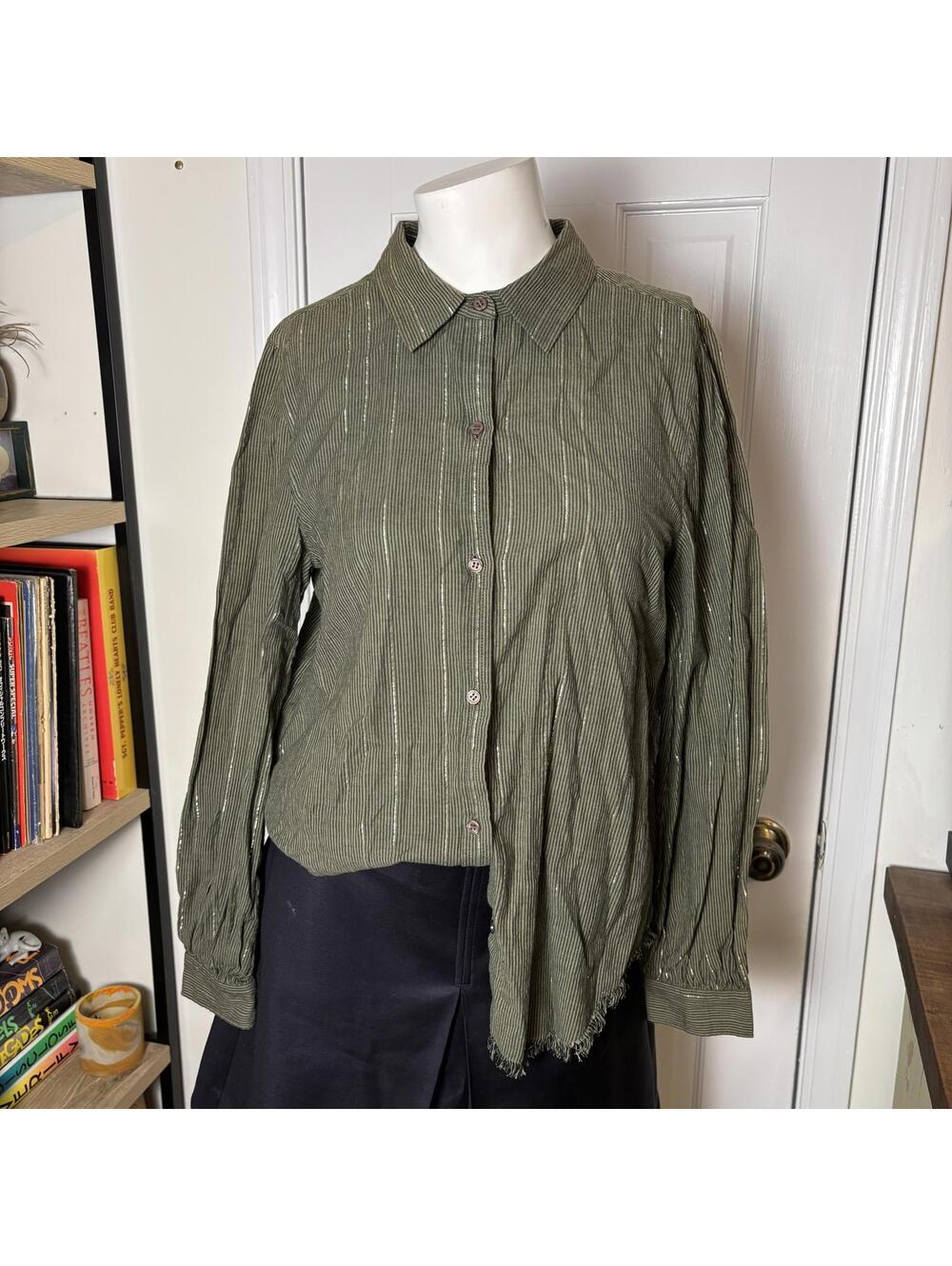 Lilla P Green & Gold Striped Button Up